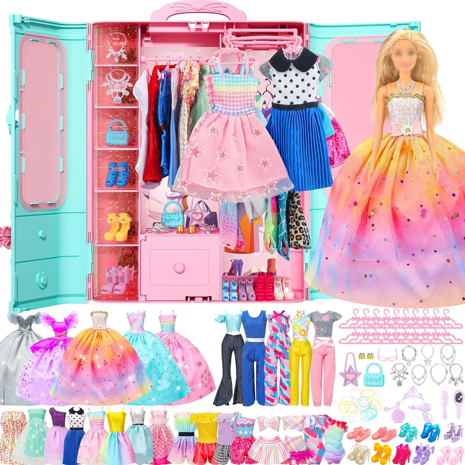 

70 Pcs Girls Closet Playset with Clothes, Accessories, Hangers - Toys & Gifts for Kids