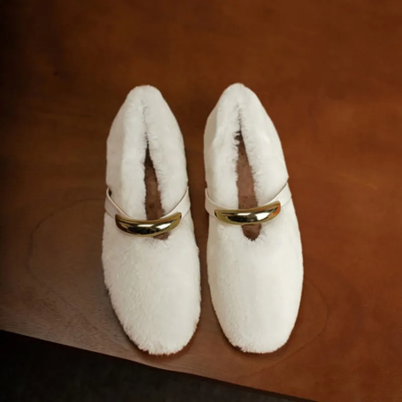 

New Rivet Pearl Sheep Fur One piece Retro Suede Single Shoes Girls Cute Round Head Mary Jane Suede Warm Women's Shoes Size 40