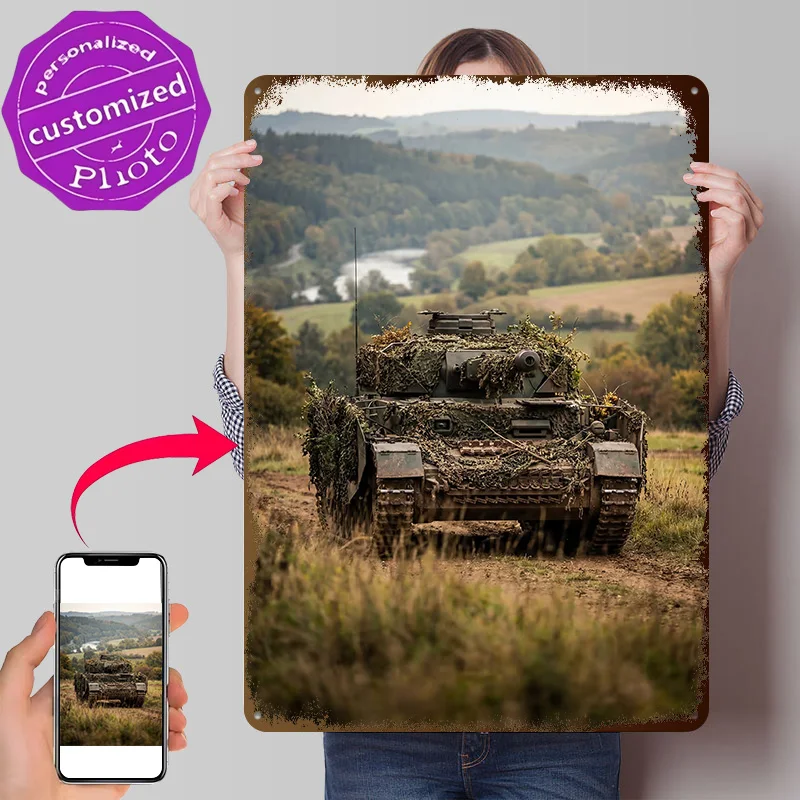 Camouflaged Tank in a Field Poster Retro 3D Printed Metal Signs Customized Wall Hanging Gift for Bedroom Decorations House Art
