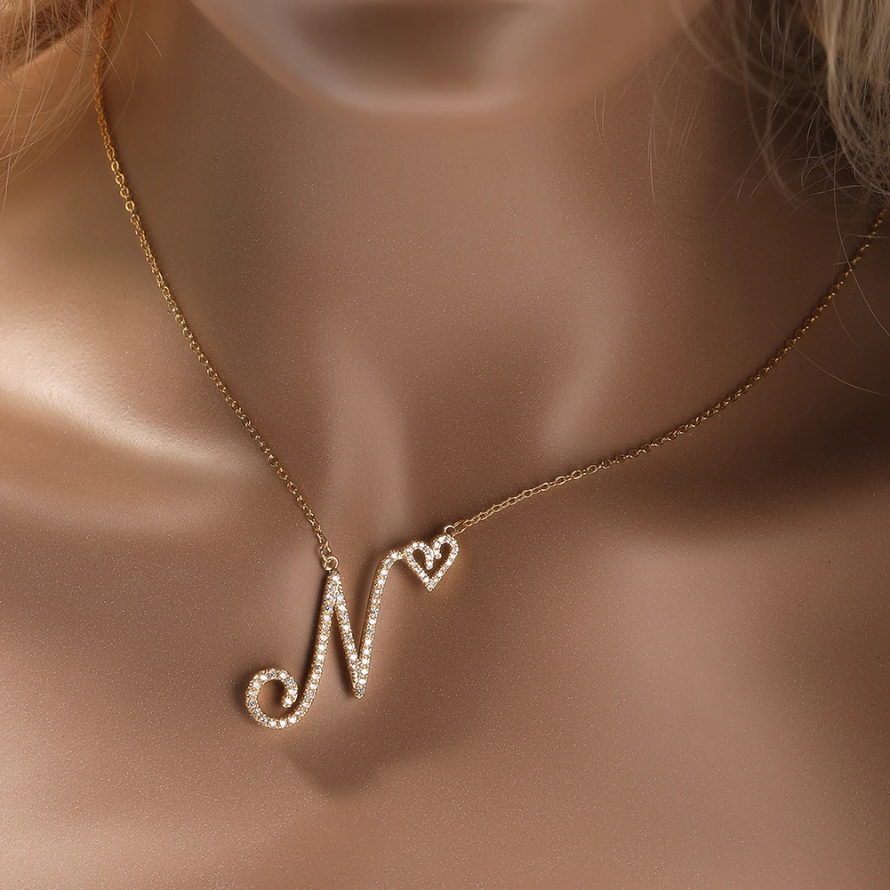 Uwin A-Z Name Pendant Mini Heart on Cursive Letter Necklace Iced Out Cubic Zircon Charm Fashion For Women Gifts DropShipping