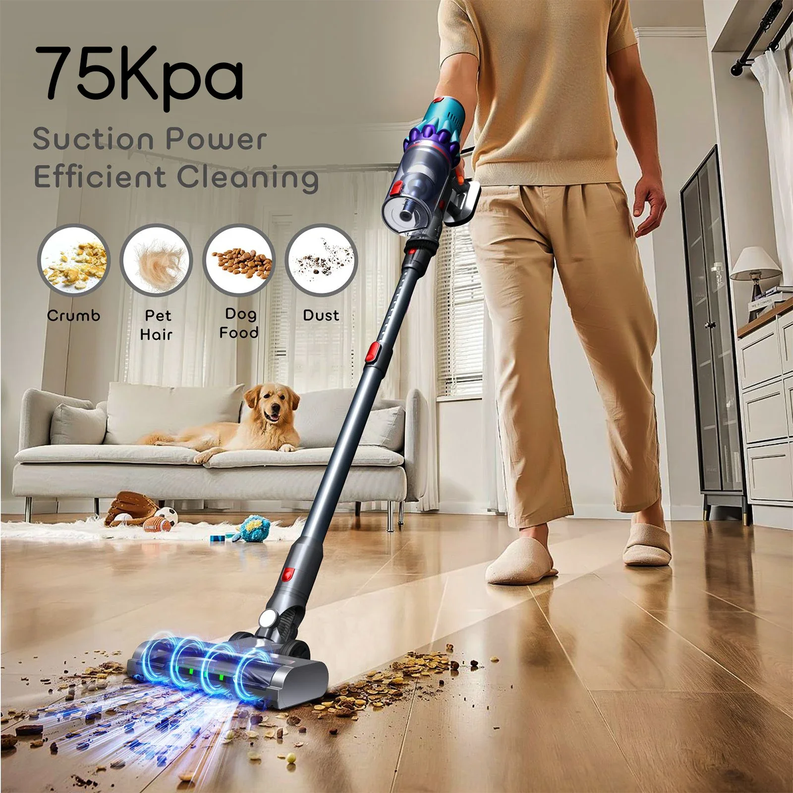 OMESER 75000PA Ultra-Strong Suction Cordless Vacuum Cleaner Self-Standing 50 Min Long Runtime Removable Battery Green LED Handheld Smart Display Vacuum  for Hard Floor Carpet Pet