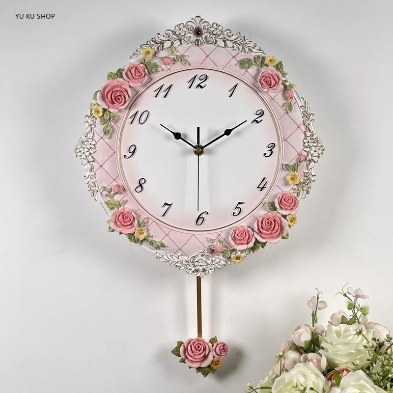Luxury Pink Wall Clock Vintage Swing Pendulum Clock Wall Creative Living Room Bedroom Watch Silent Shabby Chic Wall Clocks Resin