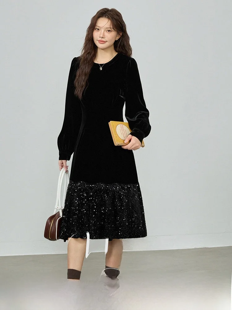 

Новая осенняя женская модная дизайнерская платье-миди из бархата больших размеров с вставками, элегантное, с завышенной талией, А-силуэт, для офиса