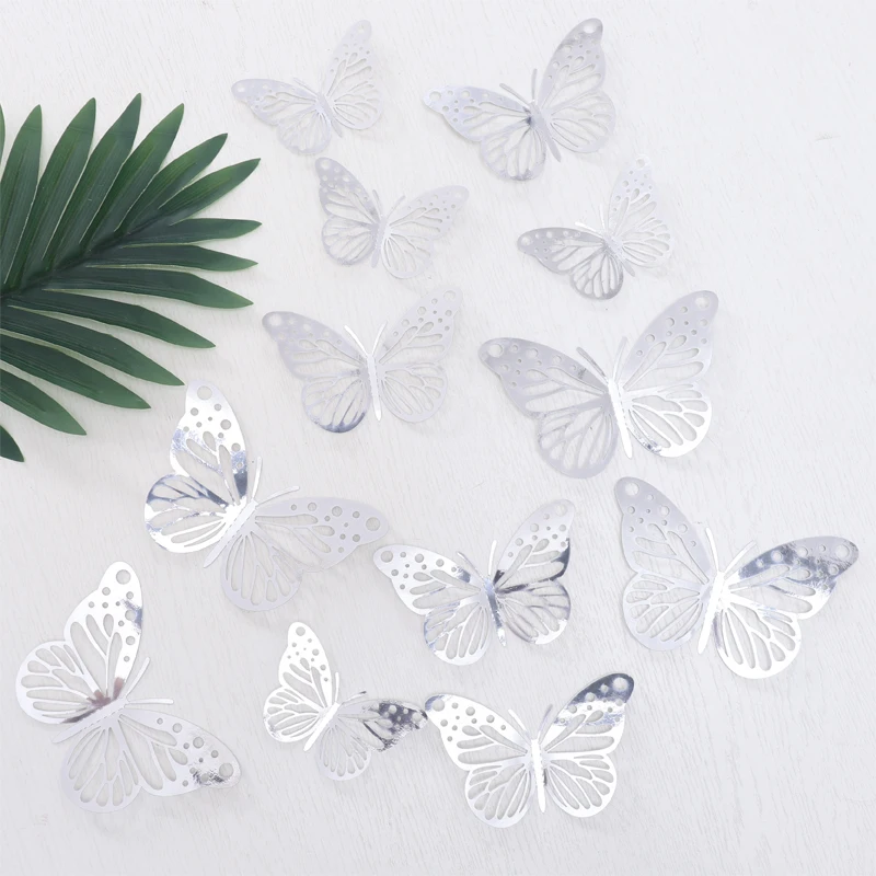 12pcs 3D Hollow Butterfly Wall Sticker Bedroom Living Room Home Christmas Decoration Birthday Party Cake Paper Butterfly Decor