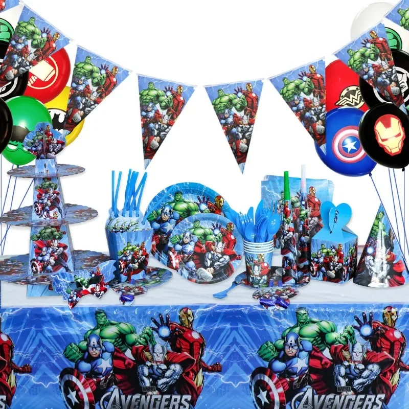 Vaisselle jetable Marvel Comics, The Avengers, Ballon, Assiette en papier, Gobelet en papier, Nappe, Dîner de fête d'anniversaire