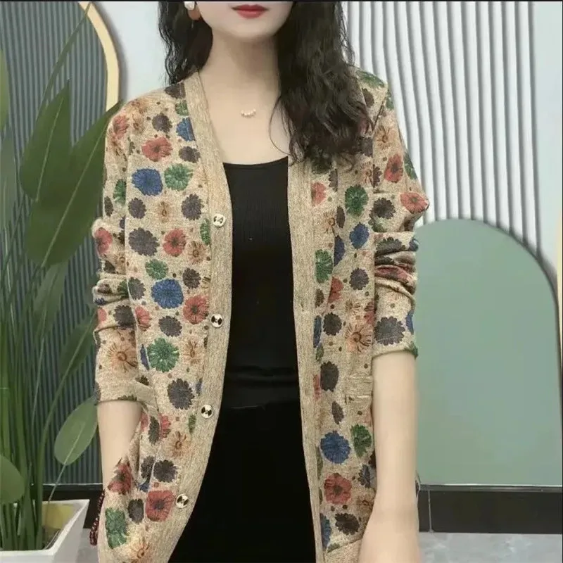 Mother's Clothing Middle-Aged Women's Jackets Fortune Tree Knitted Printed Cardigan Loose Coat Long-Sleeved Card Ladies Top