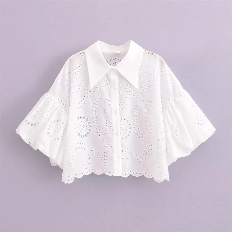 

2025 New Bohemian White Embroidered Short Bubble Sleeve Shirts for Women Cute Hollow Out Loose Beach Blouse Trendy Summer Tops