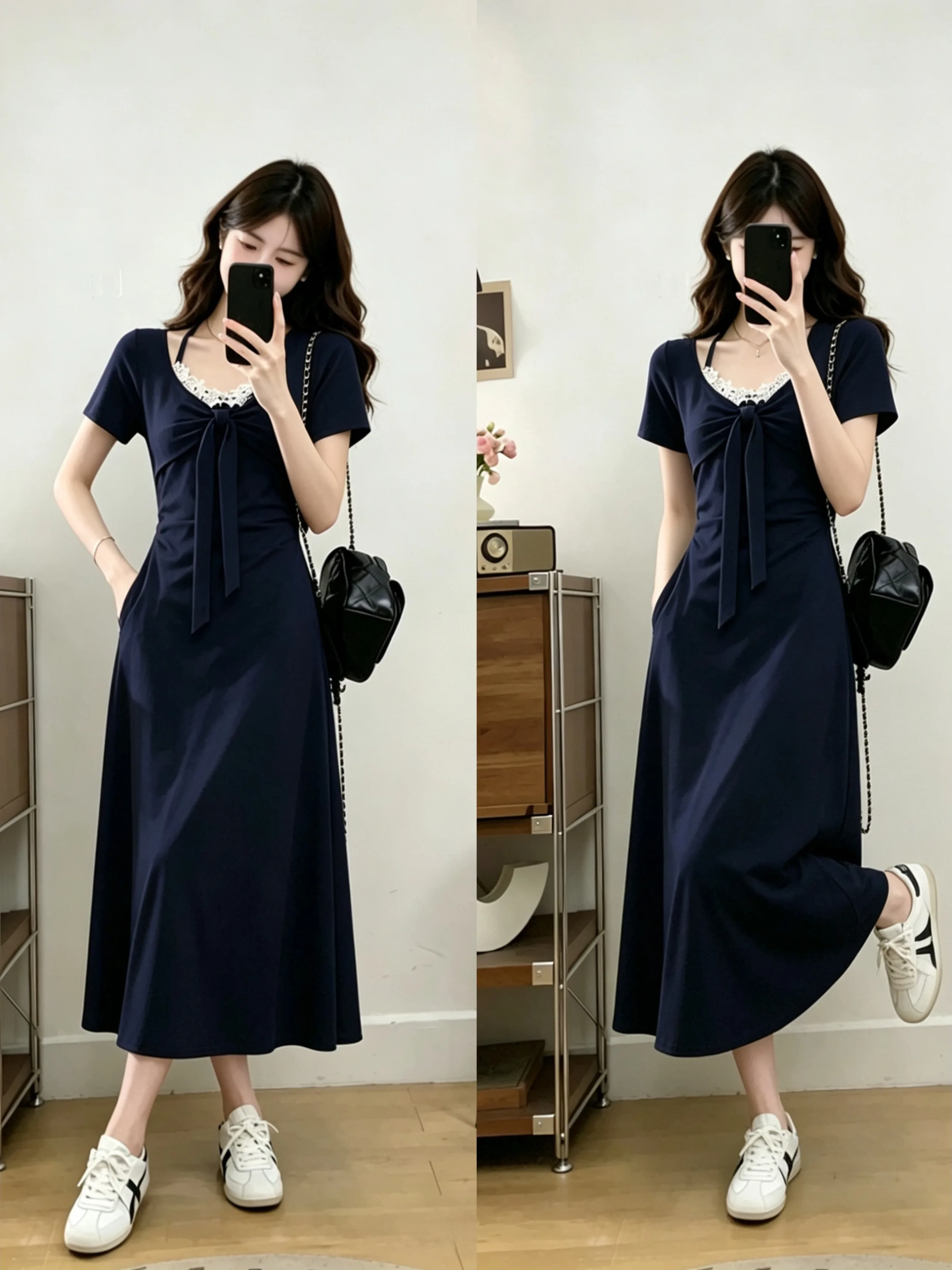 

Casual Style plus Size Women's Dress Floral Lace Splicing Neck Hanging Long Skirt Loose Fit Slimming Summer Casual Dress