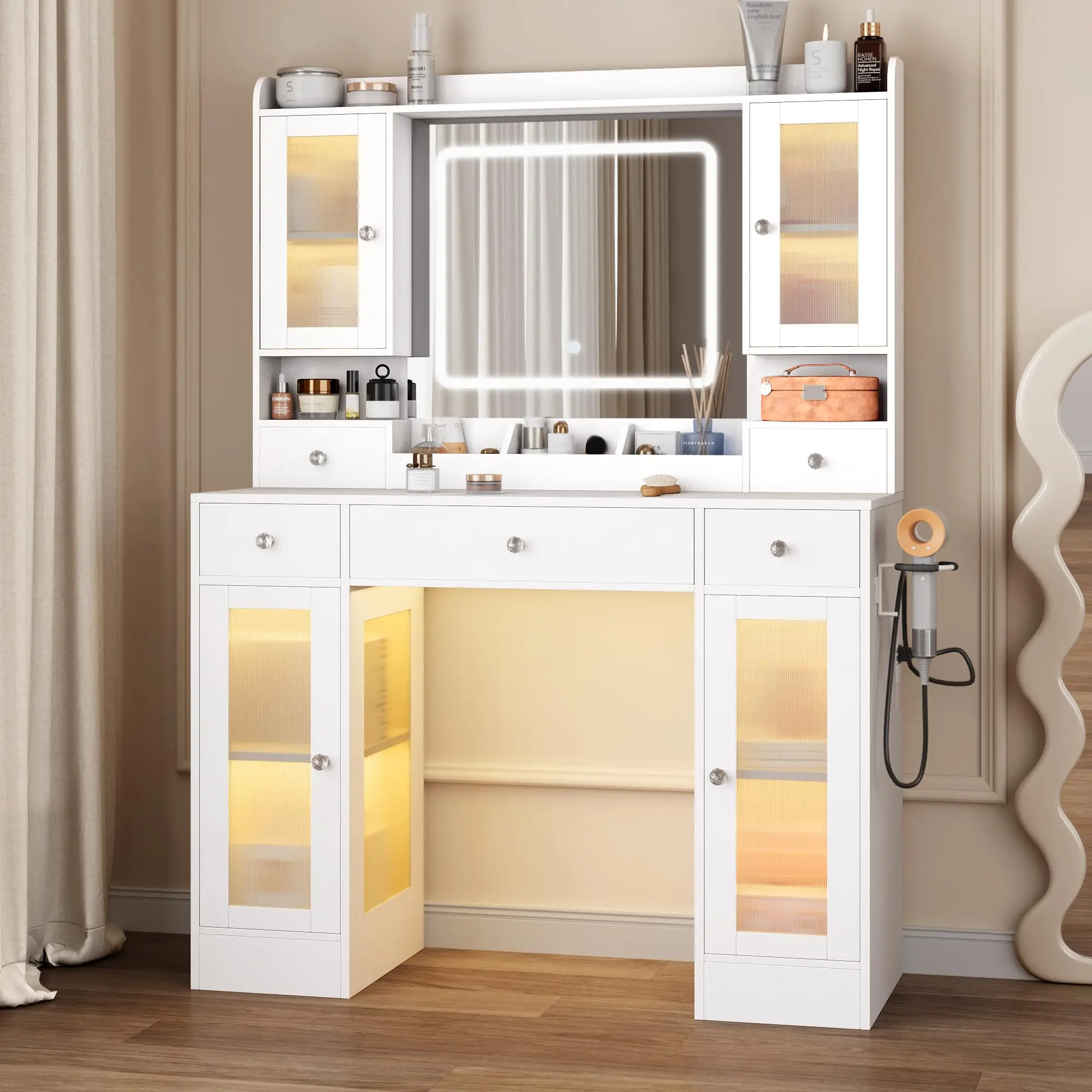 LED Makeup Vanity Desk with Lighted Mirror, 4 Glass Cabinet Doors, Hair Dryer Rack and Charging Station, Modern Bedroom