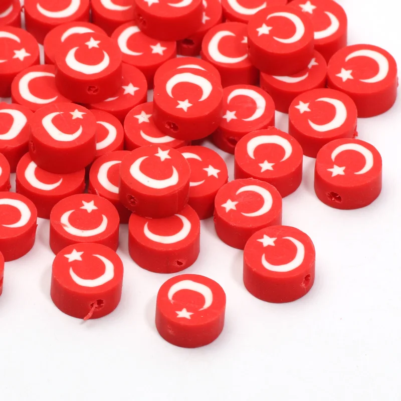 20/50pcs 9mm Clay Turkish Flag Beads for Bracelets Flat Polymer Clay Loose Spacer Beads for Jewelry Marking Necklace Findings