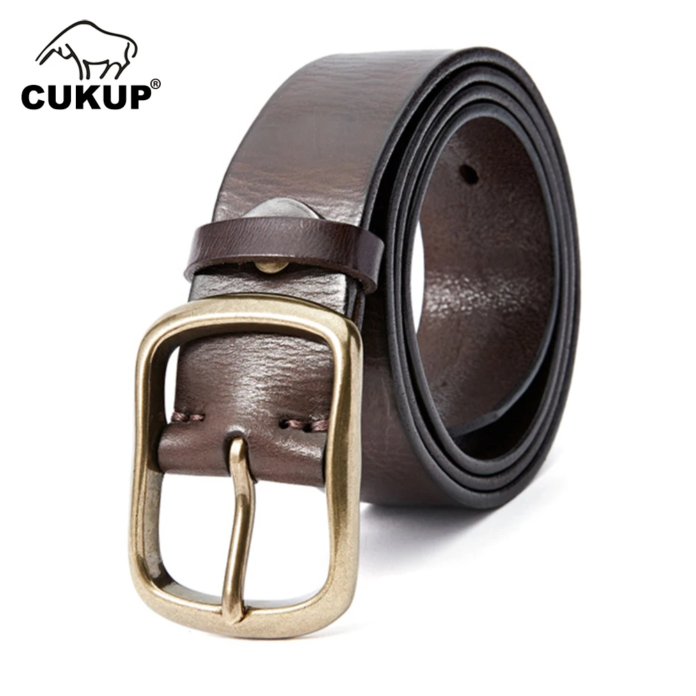 

CUKUP Solid Brass Buckle Metal 32mm Wide Vintage Water Wash Accessories Top Quality Pure 1st Layer 100% Cow Belt Male Leather