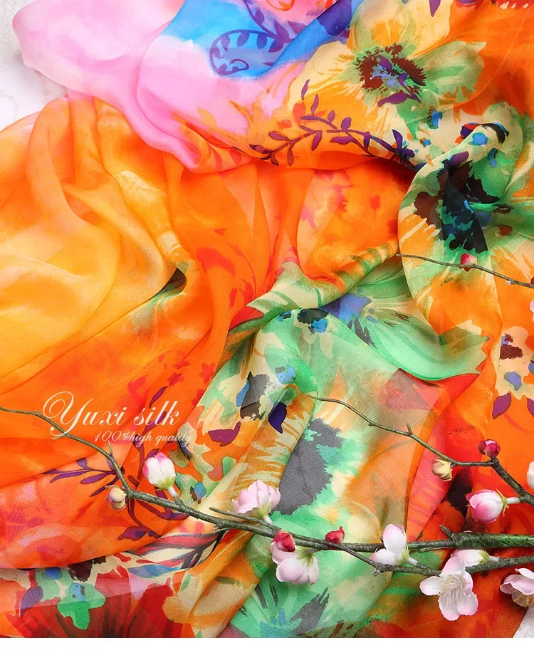 100%  silk scarf  Women Printed  Orange floral silk scarf ladies Hangzhou  all seasons  elegant  soft Long Shawl Wrap  spring