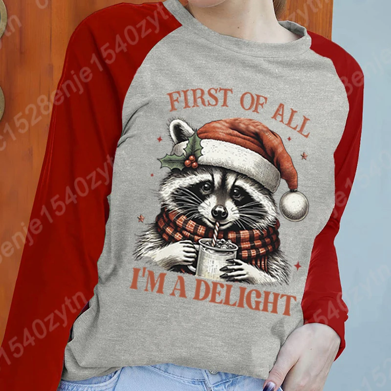 Women Long Sleeve Round Neck Casual Shirts Christmas Racoon First Of All I'm A Delight Print Autumn Winter Pullovers Sweatshirts