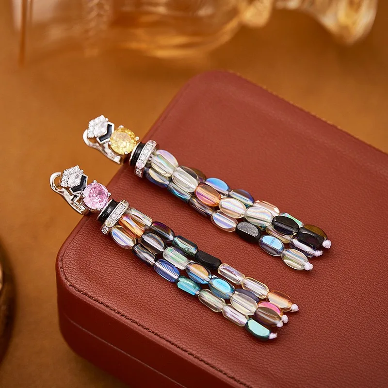 2025 Fashion Classic European and American Women's Colorful Zircon Tassel Earrings, Elegant Luxury Banquet Fashion Gifts