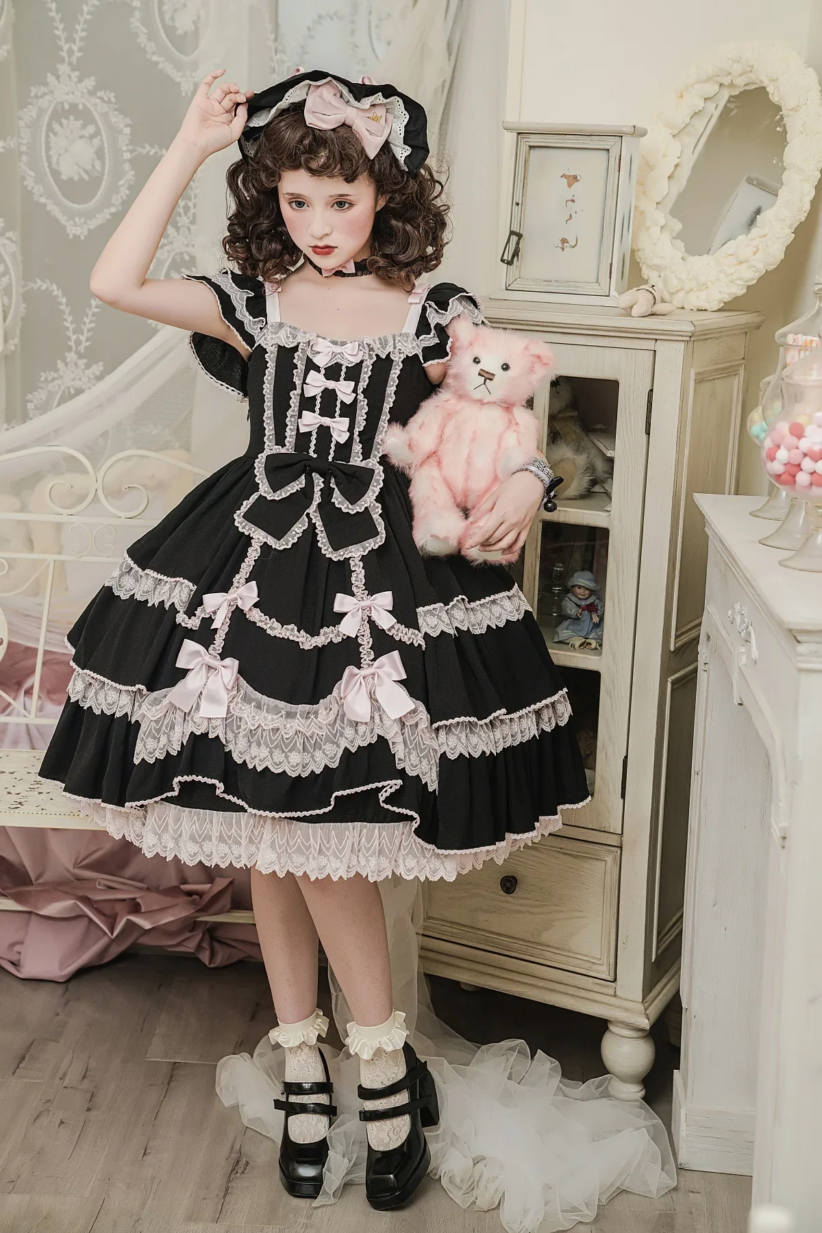 Coalfell Black Cute Lolita Girls Dress Flouncing Lace Trim Japanese Harajuku Short Sleeves Doll Teen Fairy Dress