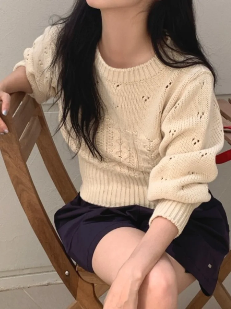시크 빈티지 롱 슬리브 여성 니트웨어 라운드 넥 부드럽고 편안한 겨울 상의 출퇴근용 기타 소재 00%