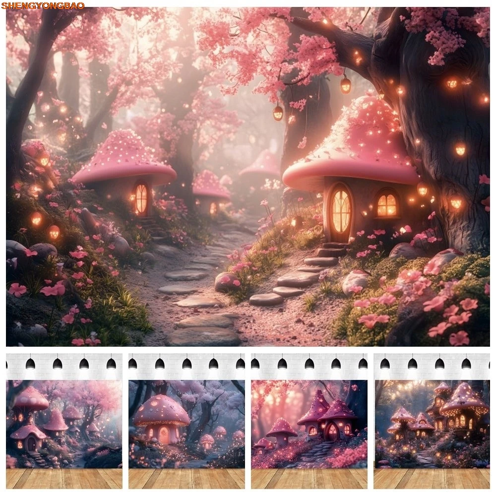 

Fairy Tale Mushroom House Backdrop Pink Wonderland Forest Baby Kids Art Portrait Birthday Party Wedding Photography Background