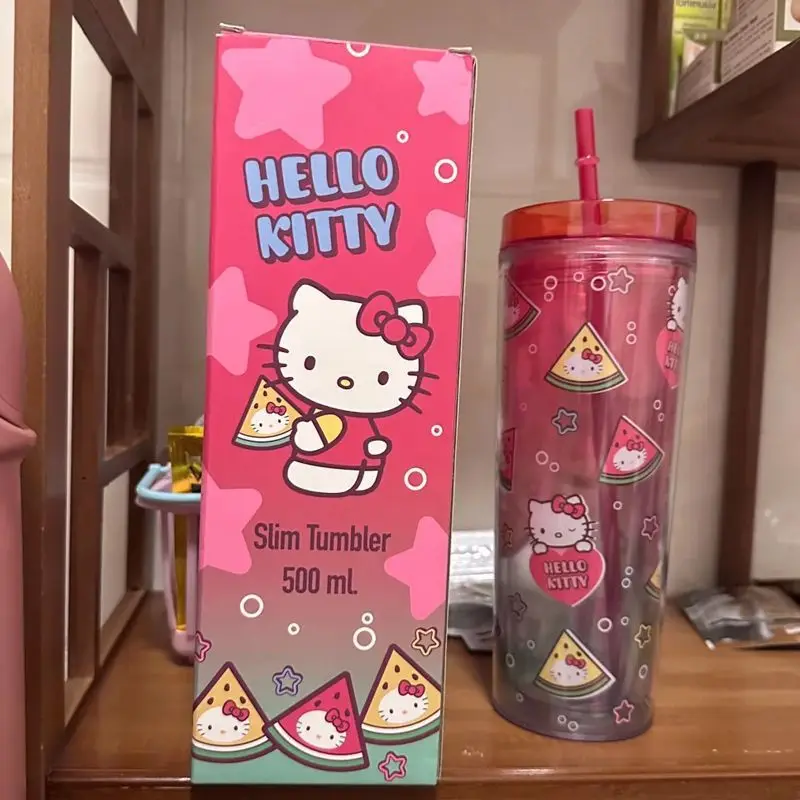 Новинка, чашка Sanrio HelloKitt из арбуза и соломы, градиентный цвет, для девушек, очень высокая красота, премиум, чашка для воды, хороший подарок для друзей на Хэллоуин