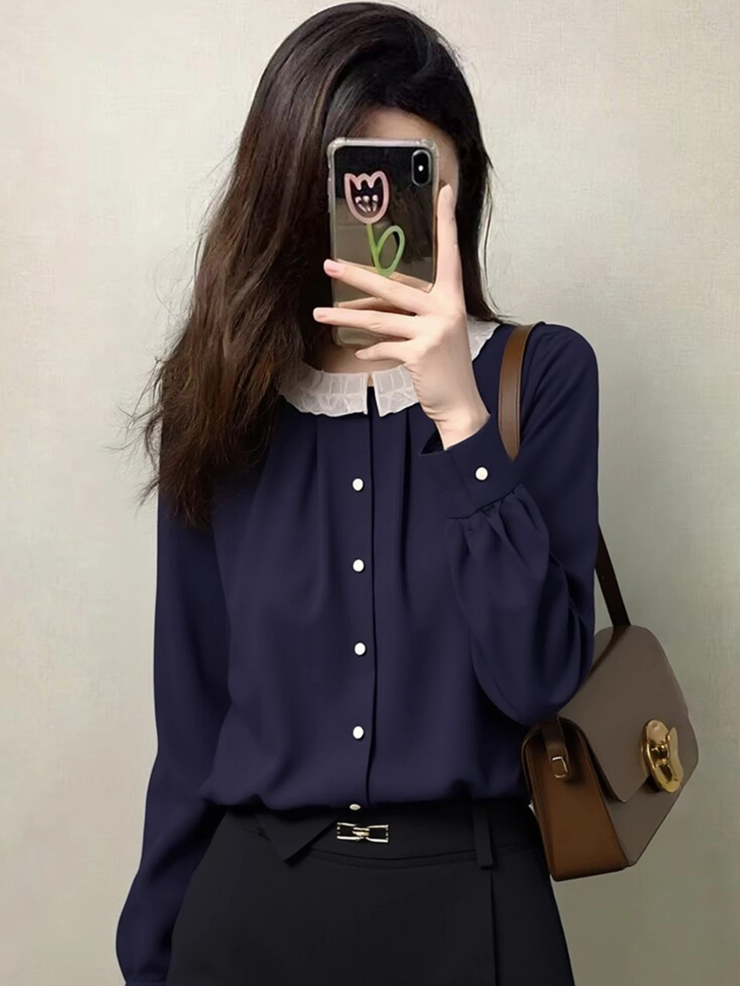

Spring Fashion Color Block Long Sleeve Women's Shirt Wooden Design Korean Style Commute Wind Single Button Top Ladies