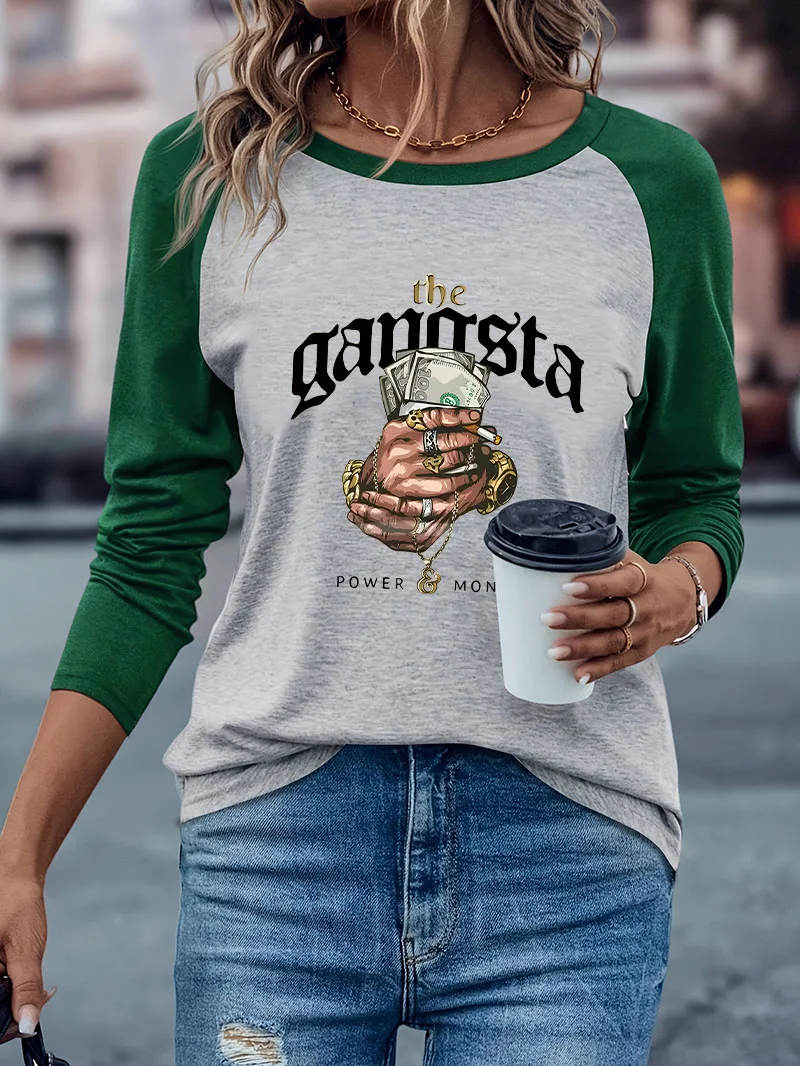 Hip Hop Money Print Casual Long Sleeve T-shirt Harajuku Winter Autumn Graphic Long Sleeved Comfortable T Shirt Woman