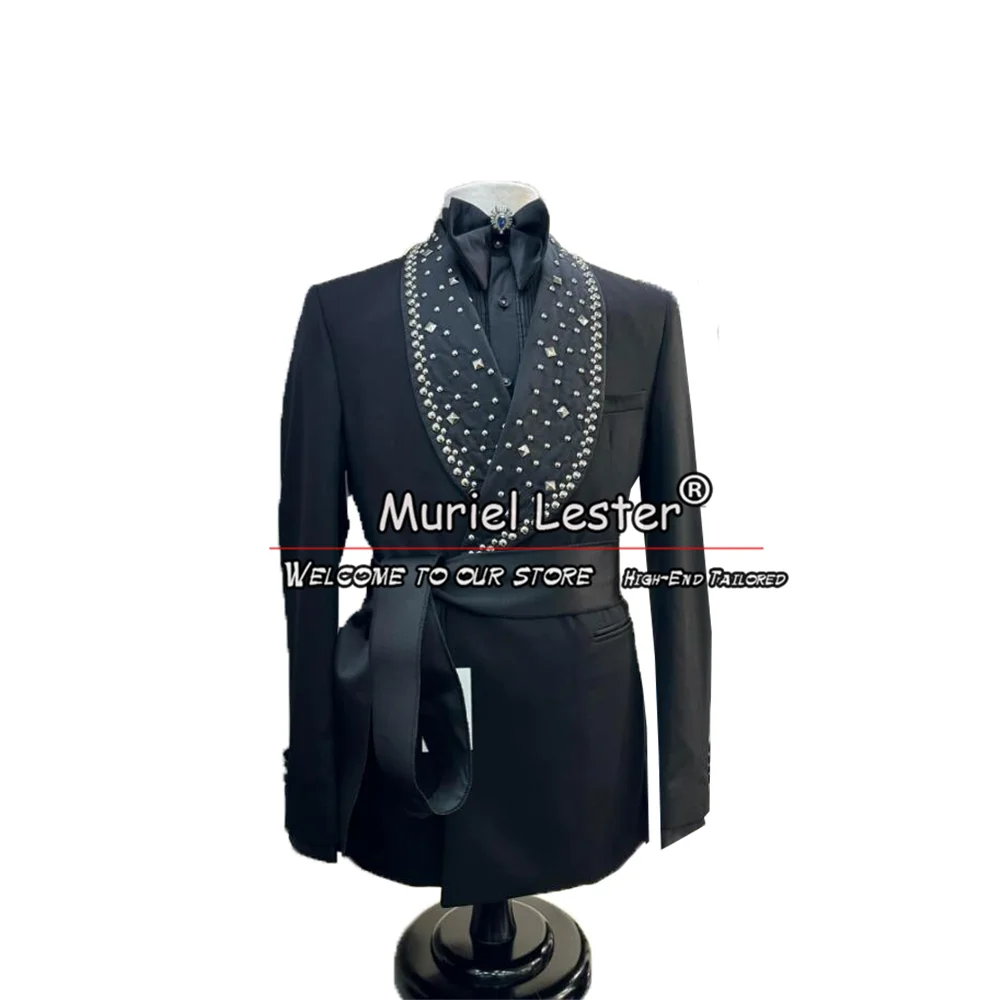 Luxury Men Suit Jewelry Ornament Tuxedos Black Shawl Lapel Prom Blazer Formal Banquet Evening Party Clothing 2 Pcs Costume Homme