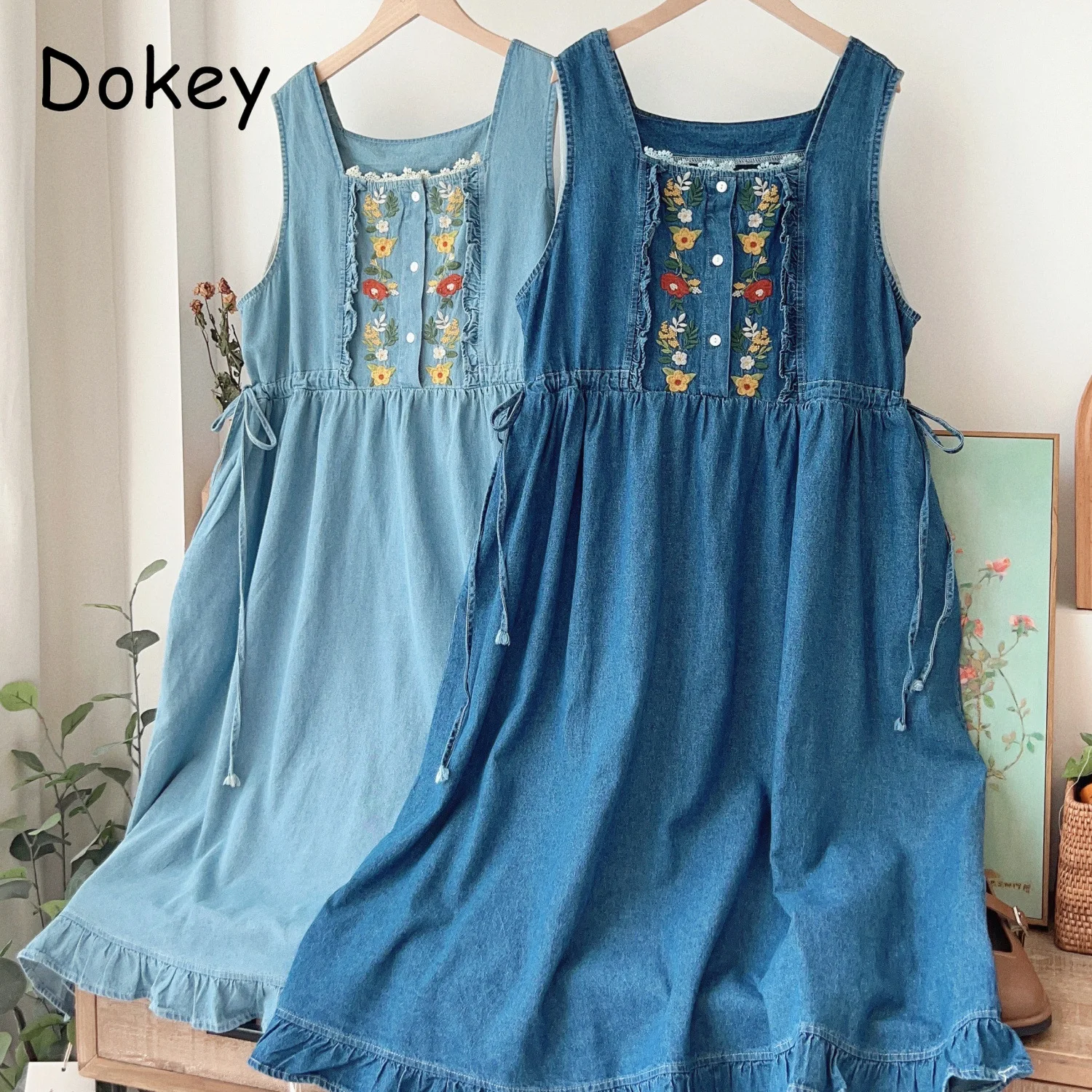 

Vintage Embroidery Flower Denim Tank Dresses Women Mori Girl Ruffled Kawaii Straight Sundresse Loose Sleeveless Pullover Dresses