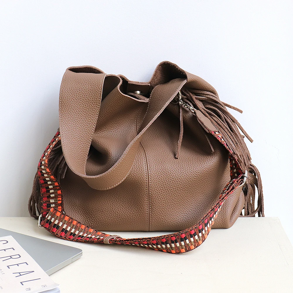 SC Luxury Italian Genuine Leather Women Hobo Handbag Retro Design Tassel Bucket Shoulder Bag Casual Large Wide Webbing Crossbody