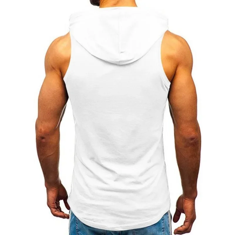 Men\'s Hooded Tank Tops Gym Workout Training Hoodies Sleeveless Bodybuildng Muscle Cut Off T-Shirt with Pocket