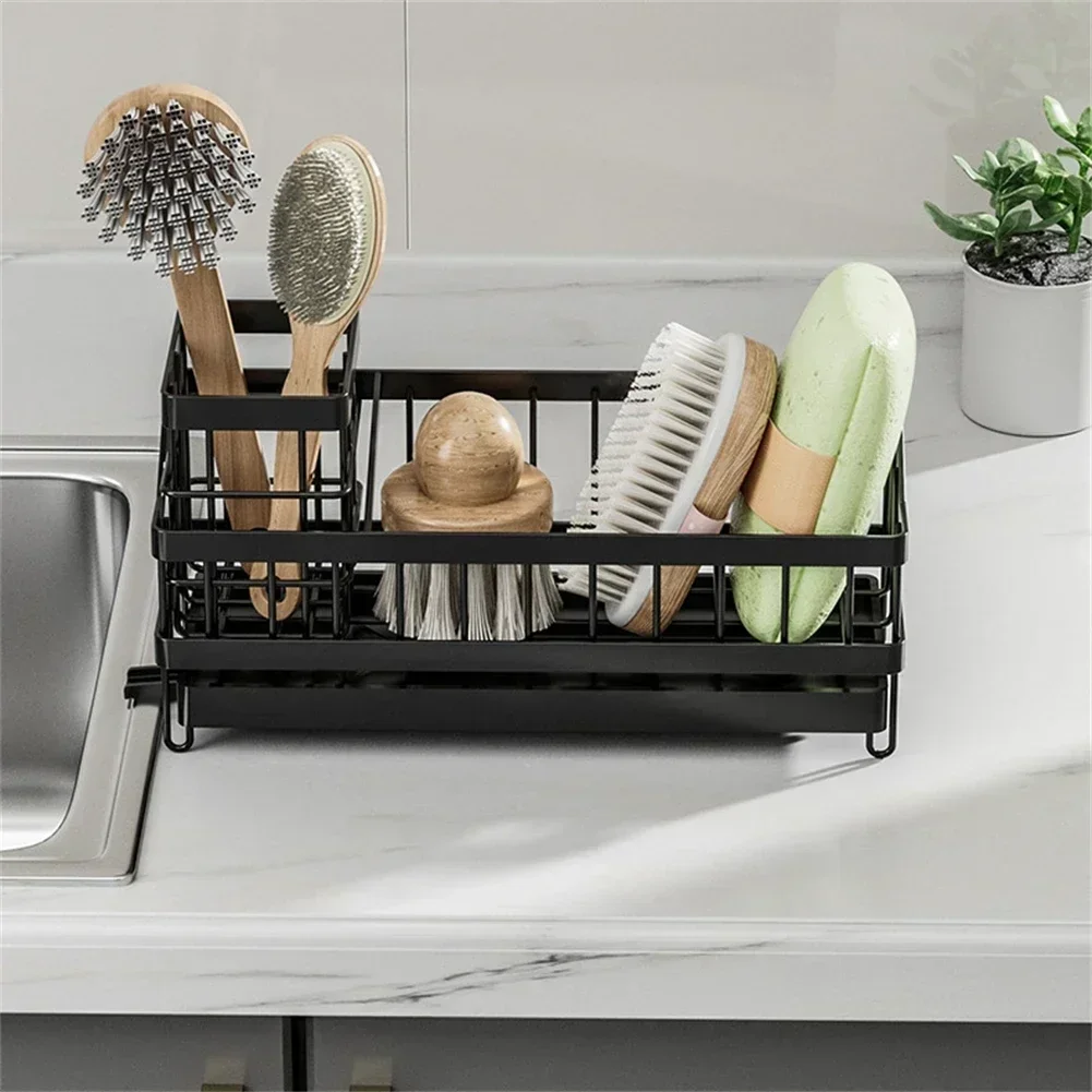 Brush Holder Drain Rack Home Cleaning Black Convenient Brush And Sponge Rack Accessory Countertop Organization