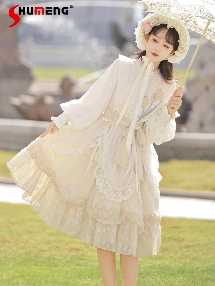 

Japanese CLA Style Lolita Elegant Princess Dress Lace Embroidered Pearl Beaded Lace-up Stand Collar Long Sleeve Dress Women 2024