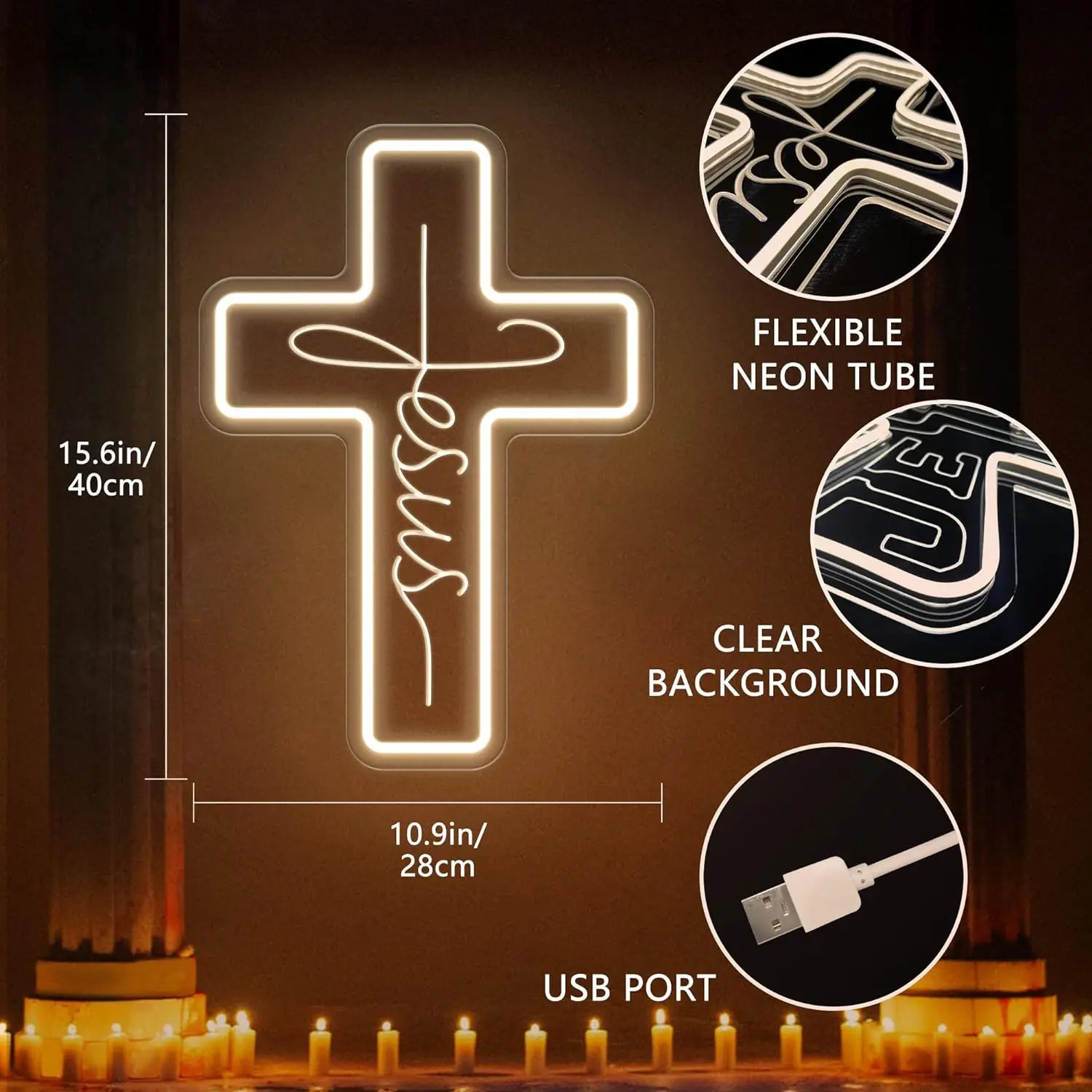 Cross Neon Signs LED Neon Light Sign Light Up Neon Signs for Bedroom Living Room Weddings, Home Decor, Christmas Easter