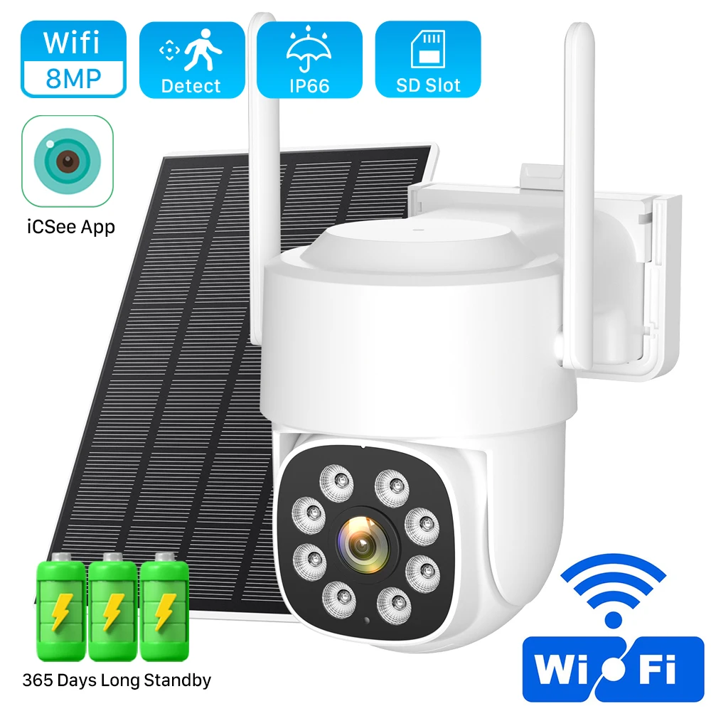 

Беспроводная камера 8MP 4K WiFi AOV, уличная солнечная PTZ-камера, 4-мегапиксельная камера видеонаблюдения со встроенным аккумулятором, длительный режим ожидания iCsee