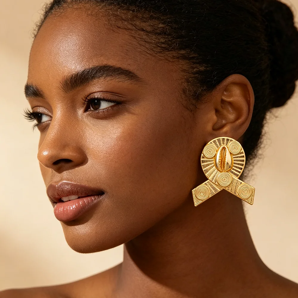 Luxuriöses 18K vergoldetes Muschel-Ohrringe- und Ring-Set für Damen, luxuriöse Hochzeits- und Party-Accessoires, Geschenk für die Braut. – Detail 4