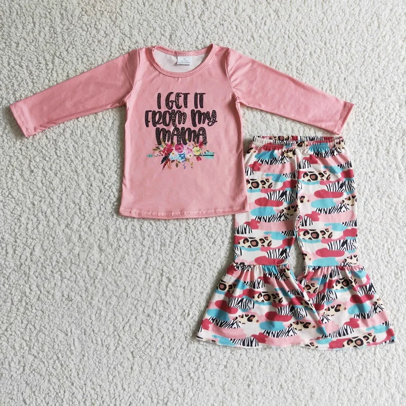 

New Fall Fashion From Mama Pink Long Sleeve Flower Top Flared Pants Set Wholesale Boutique Children Clothing Set