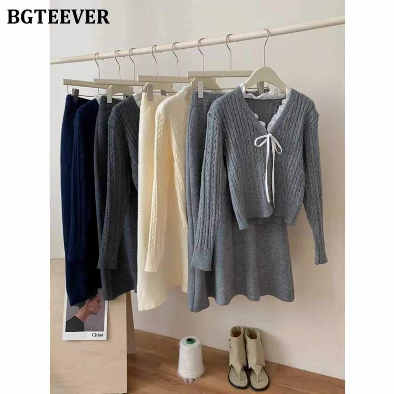BGTEEVER Elegante dames gebreide 2-delige rokset V-hals Single-breasted strikvesten Truien en A-lijn rokken Damesoutfits
