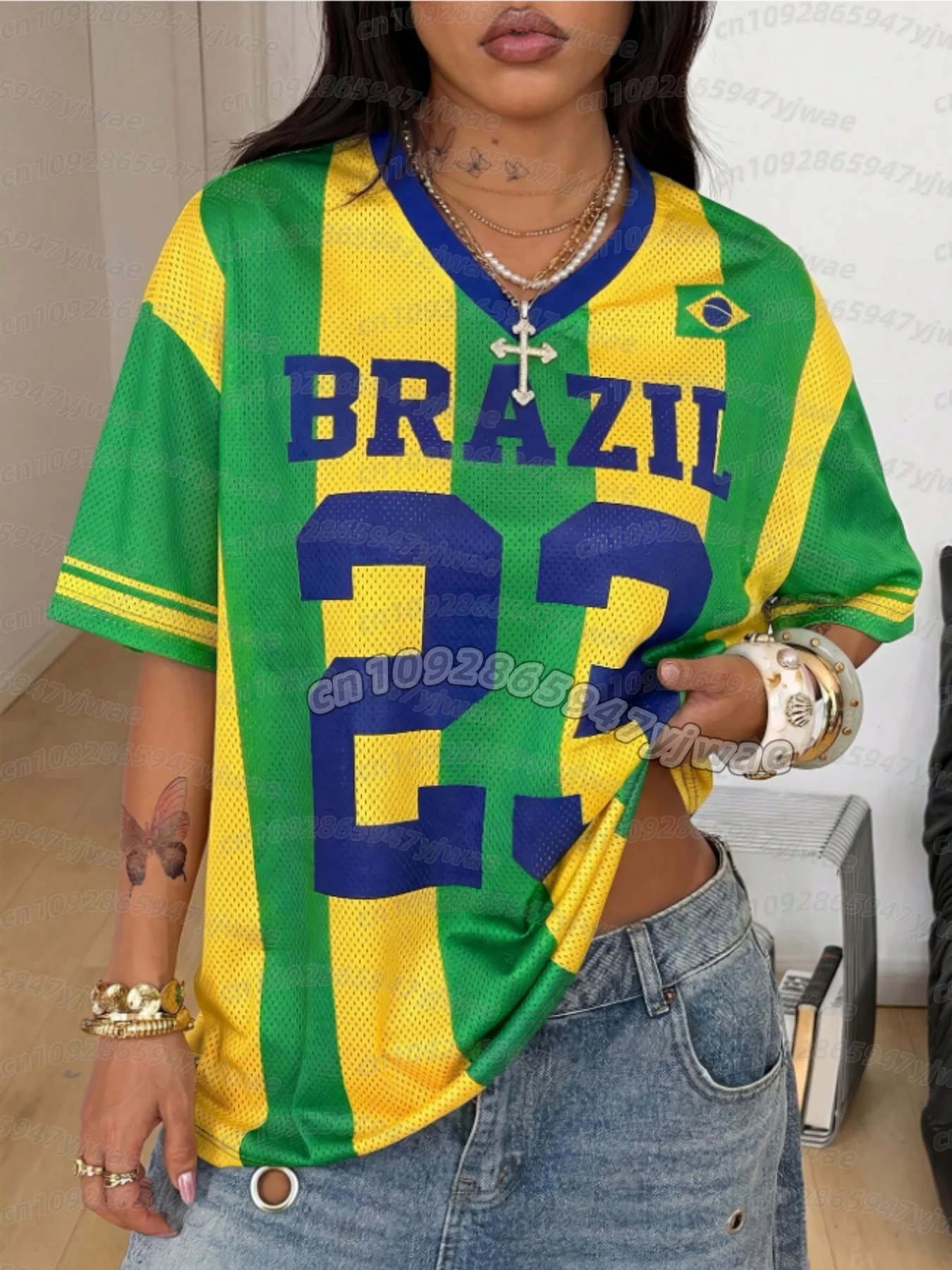 26 Women BRAZIL NO.23 Print Lightweight short sleeve Mesh fabric V-Neck Short Sleeved  T-Shirt Women MEN football Jersey T-Shirt