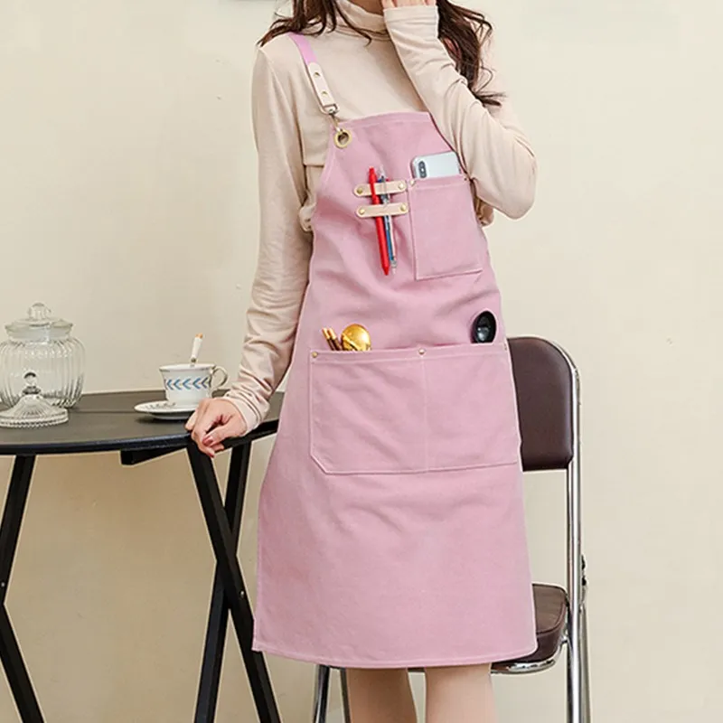 Cross-back Pink Canvas Apron Cafe Barista Bartender Bakery Pastry Chef Uniform Florist Painter Artist Gardener Workwear E97