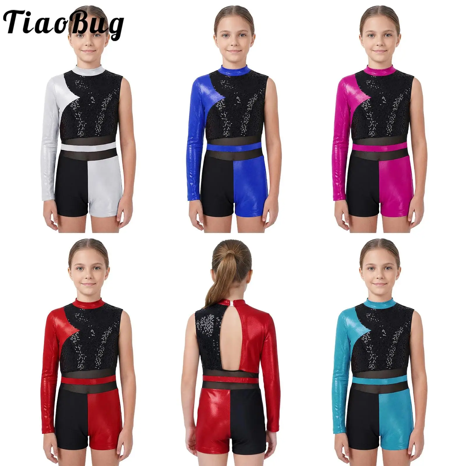 Kids Girls Rhythmic Jazz Ballerina Dance Gymnastics Leotard Set Metallic Sequin One Piece Bodysuit For Stage Performance Contest