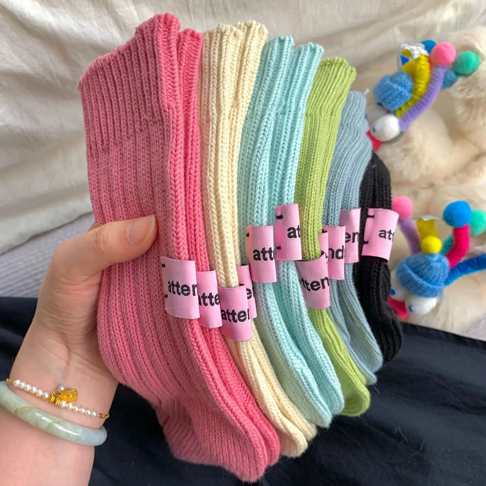 Korean Needle Thick Thread Knitted Middle Tube Socks Cotton Japanese Pink Label Couples SolidColor Socks Mid-tube Warm Home Sock