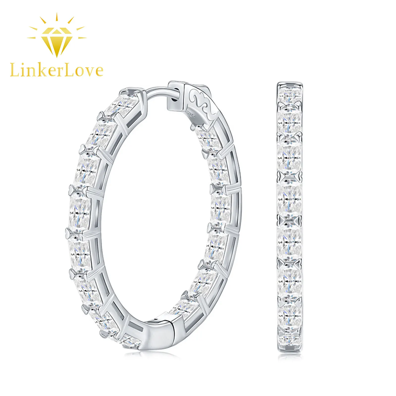 

LinkerLove S925 Silver Moissanite 35mm Large Hoop Earrings Radiant Cut Diamond Earrings Luxury Jewelry Gift for Women Wedding