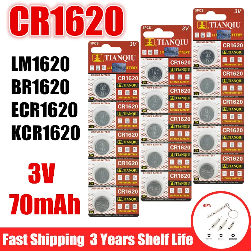 5-100pcs CR1620 3V Lithium Battery High-Capacity 70mAh LM1620 BR1620 ECR1620 KCR1620 1620 5009LC Coin Cells Watch Toys Batteries