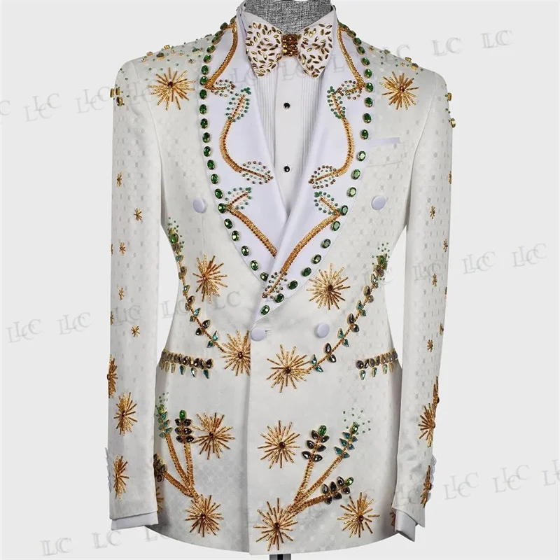 

Luxurious Blazer Pants Men Suits Tuxedo Appliques One Button Lapel Wide Pormal Diamonds Beads Wedding Host Plus Size Tailored