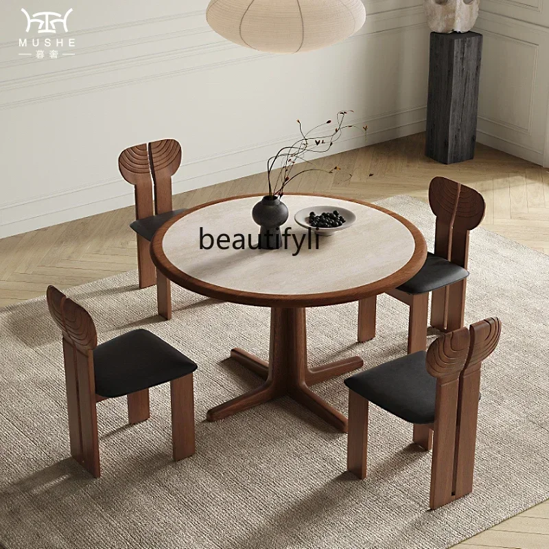 

newFrench retro travertine rock slab solid wood inlaid dining table round dining table designer dining tabless 7304