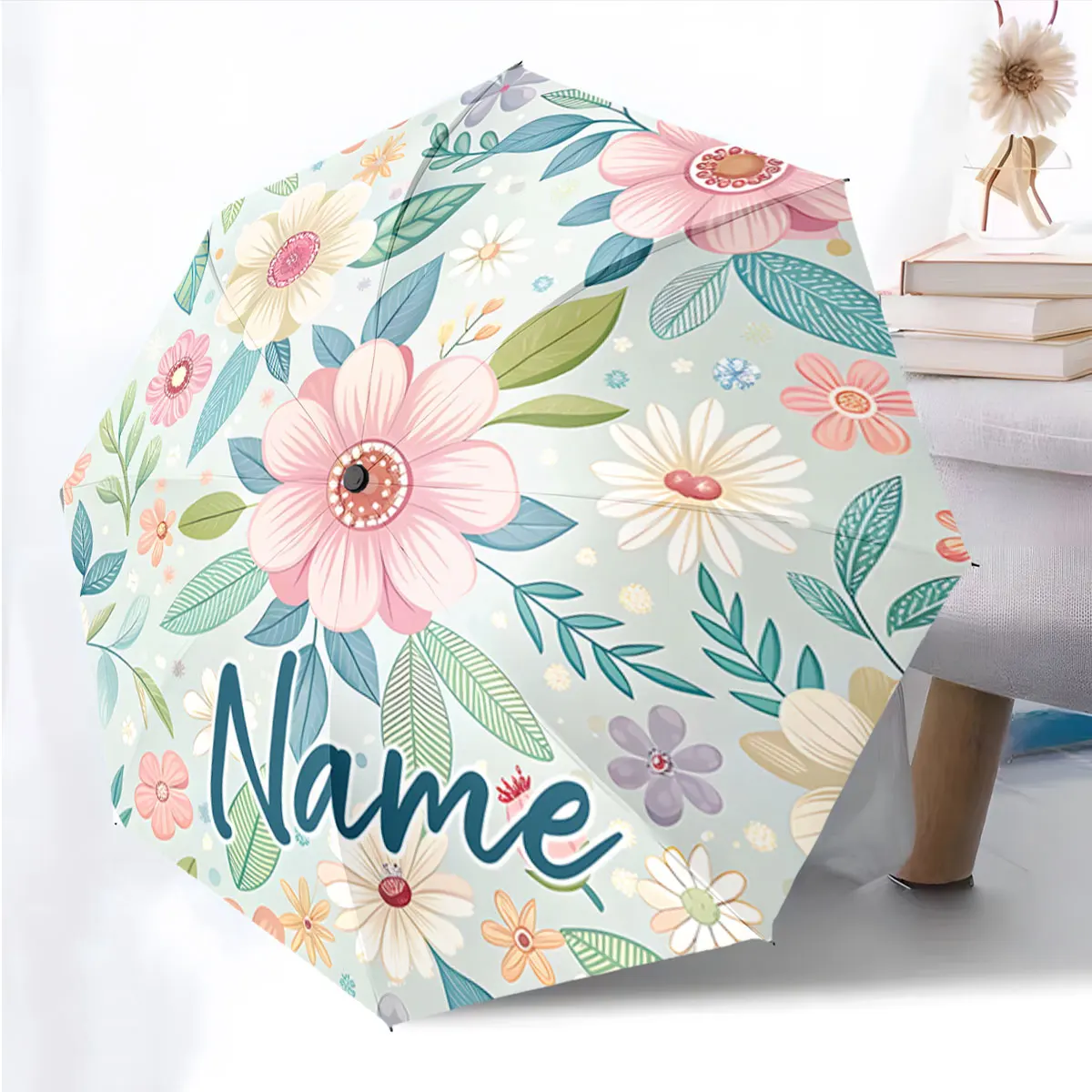 Custom Name Floral Themed Umbrella with Personalized Design Print 8 Iron Ribs Folding Umbrella, Auto-Open Fashion Sunshade