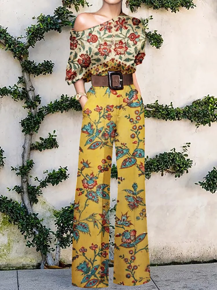 Women Elegant Office Lady Loose Wide Leg Pants Bodysuits Skew Collar Floral Printing Sweet Ladies Jumpsuits Fashion Streetwear