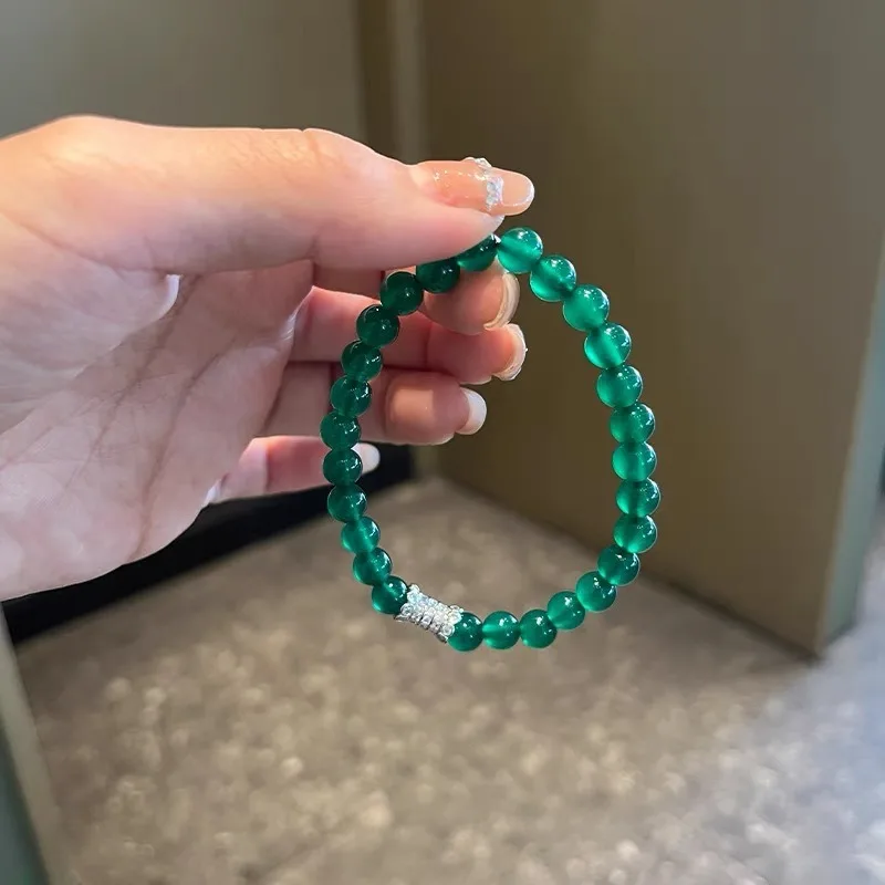 Chalcedony Agate Beaded Bracelet Light Luxury Zircon Inlaid 6mm Round Bead Exquisite Texture Hand String Jewelry Gift for Women