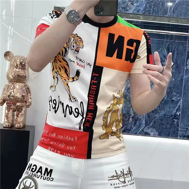 Unusual Clothes Products Tiger Floral Printed Stylish Luxury Men Clothing 2022 Fashion Silk T Shrts For Mens Stylish Summer Top