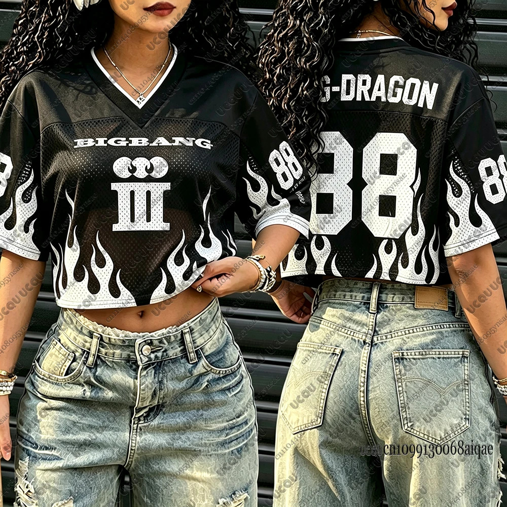 Bigbang G-Dragon Taeyang the Throne Returned Jersey Gift For Fans Plus Size Fashion Street V-neck Crop Tops Casual Sports Tshirt