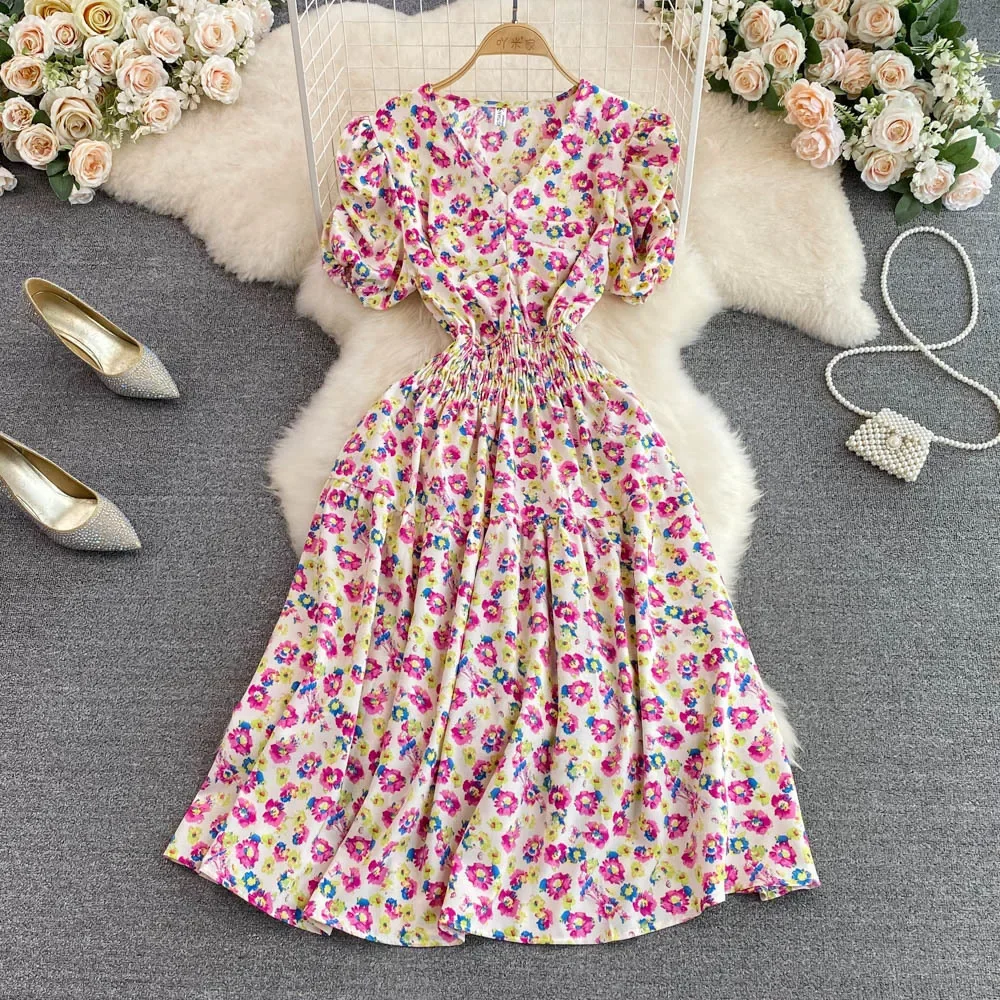 

Summer New French V-neck Women Fragmented Flower Dress Fashion Bubble Sleeves Female Dresses