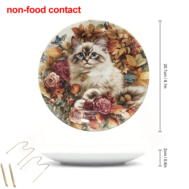 1pc Round Ceramic Hanging Wall Art Plate, 8-Inch Modern Mural Decoration, Cat and Rose Design, Perfect Home Decor, Jewelry